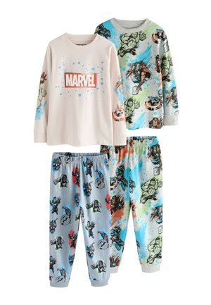 To Marvel-tema børnepyjamasæt: en cremefarvet top med "MARVEL" og blå pletter, en grå top og bukser med designs af Hulk, Thor, Iron Man og Captain America.