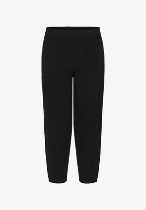 Pantalon noir à coupe ample avec ceinture élastique et jambes droites, conçu pour le confort et une tenue décontractée.