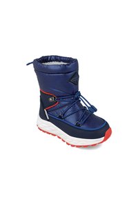 Bota marinera resistente al agua con patrón ondulado, suela blanca y acentos rojos. Cuenta con un cierre de cordón en la parte superior y una suela en capas para mayor tracción.
