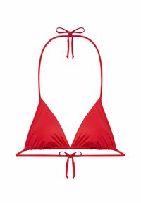 Czerwony biustonosz bikini w kształcie trójkąta, z cienkimi ramiączkami i marszczonymi detalami. Zawiązywany na szyi i plecach, co pozwala na dopasowanie. Gładka tekstura.