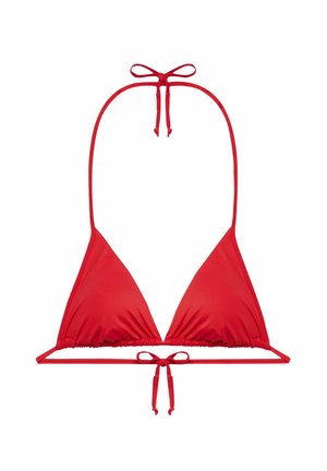 Top de bikini roșu cu formă triangulară, bretele subțiri și detalii pliate. Se leagă la gât și la spate pentru ajustare. Textură netedă.