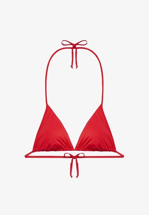 Rode bikinibovenstuk met een driehoekige vorm, dunne bandjes en geplooide details. Heeft strikken bij de nek en op de rug voor een verstelbare fit. Gladde textuur.