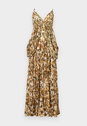 Robe longue à bretelles spaghetti avec corsage et jupe plissés et drapés, imprimé floral abstrait en beige, marron et noir.