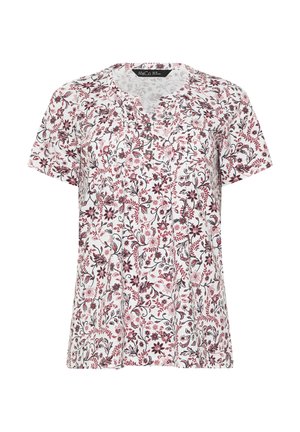 Witte blouse met korte mouwen en een roze-zwart bloemenpatroon, ronde hals en een voorpand met knopen.