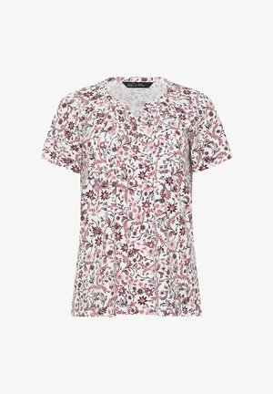 Blusa bianca a maniche corte con motivo floreale rosa e nero, scollo rotondo e patta anteriore con bottoni.