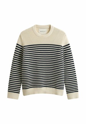 Cremefarbener Strickpullover mit horizontalen dunkelblauen Streifen über Brust und Ärmeln, gerippten Bündchen und Saum sowie einem Rundhalsausschnitt.