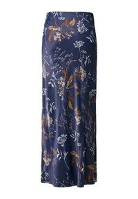 Lange marineblauwe rok met een bloemenprint in witte en bruine tinten, gemaakt van zachte, gladde stof met een rechte pasvorm.