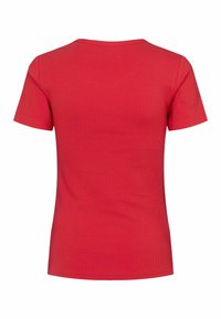 Raudona raukšlėta marškinėliai su trumpomis rankovėmis ir apvaliu iškirpimu. Pagaminti iš minkštos, tamprios medžiagos, jie turi prigludusią siluetą.