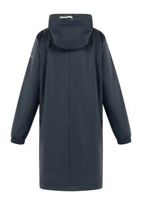 Sötétkék esőkabát, kapucnival, hosszú ujjakkal és elasztikus mandzsettával, egyszerű dizájnnal, látható minták vagy fém részek nélkül.