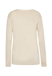 Beige Langarmpullover mit einem weichen, strukturierten Strick. Hat einen weiten Ausschnitt und einen geraden Schnitt, mit minimalen Nähten und ohne sichtbare Verzierungen.
