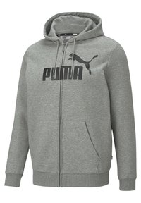 Felpa grigia con zip, dotata di cappuccio, caratterizzata da un grande logo nero "PUMA" sulla parte anteriore e tasche a marsupio. Tessuto morbido e testurizzato, polsini a coste.