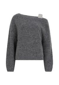 Grijze trui met een zachte, gestructureerde afwerking. Beschikt over een brede halslijn en een off-shoulder ontwerp met een subtiele accent op één schouder.