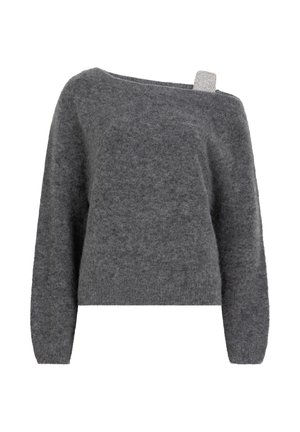 Grijze trui met een zachte, gestructureerde afwerking. Beschikt over een brede halslijn en een off-shoulder ontwerp met een subtiele accent op één schouder.