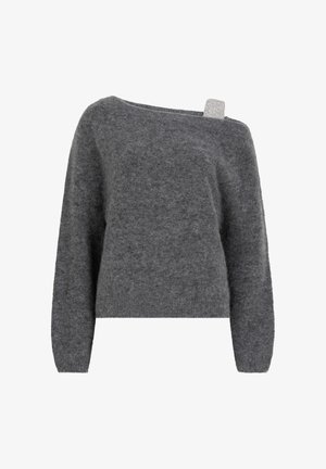 Grijze trui met een zachte, gestructureerde afwerking. Beschikt over een brede halslijn en een off-shoulder ontwerp met een subtiele accent op één schouder.