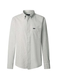 Camisa de manga larga con botones en un patrón de cuadros en gris claro y blanco, que cuenta con un bolsillo en el pecho y un diseño de cuello clásico.