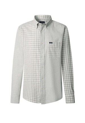 Camicia a maniche lunghe con bottoni in un motivo a quadri grigio chiaro e bianco, dotata di taschino sul petto e un design del colletto classico.