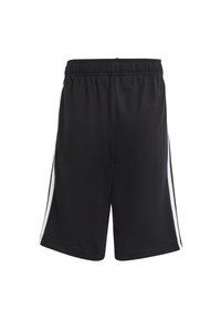 Pantalones cortos deportivos negros con una cintura elástica, con rayas laterales blancas y un tejido suave y ligero. Corte estándar a la altura de la rodilla.