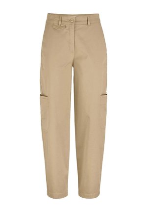Beige cargobroek met hoge taille, knoop- en ritssluiting, riemlussen en opgestikte zijzakken.