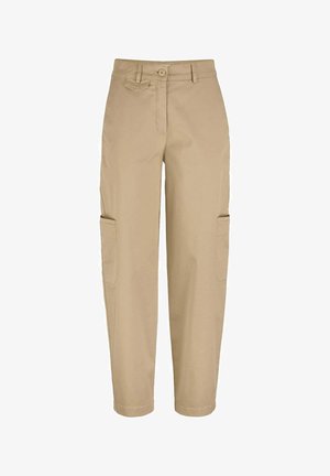 Beige cargobroek met hoge taille, knoop- en ritssluiting, riemlussen en opgestikte zijzakken.