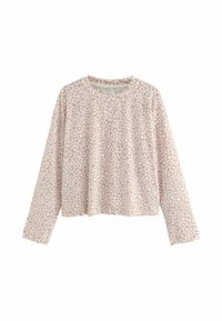 Svetloružový dlhý rukáv croptop sveter s jemným vzorom leopardích škvŕn a vlnitými okrajmi na rukávoch a leme.