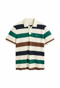 Gestreepte polo shirt met afwisselend marineblauw, groen, bruin en crème kleuren. Gemaakt van katoen met een opstaande kraag en geborduurd logo.