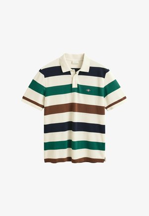 Gestreepte polo shirt met afwisselend marineblauw, groen, bruin en crème kleuren. Gemaakt van katoen met een opstaande kraag en geborduurd logo.