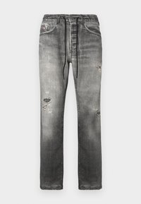 Γκρι τζιν παντελόνια με άνετη εφαρμογή, που διαθέτουν ξεθωριασμένες περιοχές, φθαρμένες λεπτομέρειες και κορδόνι στη μέση για ρυθμιζόμενη άνεση.