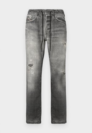 Sivé džínsy z denimu s voľným strihom, s vyblednutými miestami, ošúchanými detailmi a sťahovacou šnúrkou v páse pre nastaviteľné pohodlie.