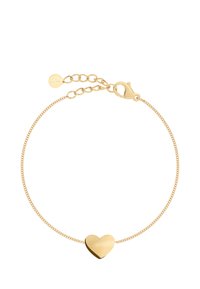 Goldene Kettenarmband mit einem glatten herzförmigen Anhänger, einem Karabinerverschluss und einer verstellbaren Kettenlänge.