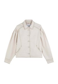 Beige cropped jacket with a button-up front, two side pockets, and puffed sleeves. Features contrast stitching and a pointed collar.