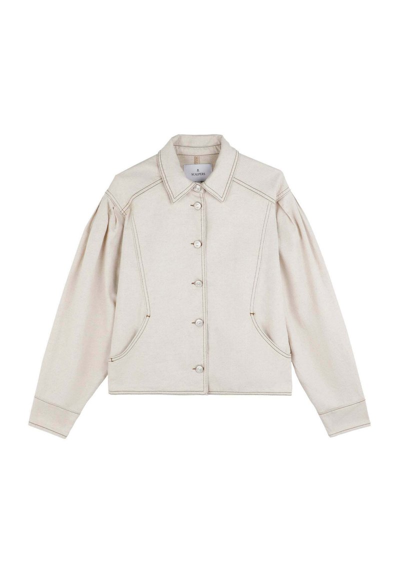 Beige cropped jacket with a button-up front, two side pockets, and puffed sleeves. Features contrast stitching and a pointed collar.