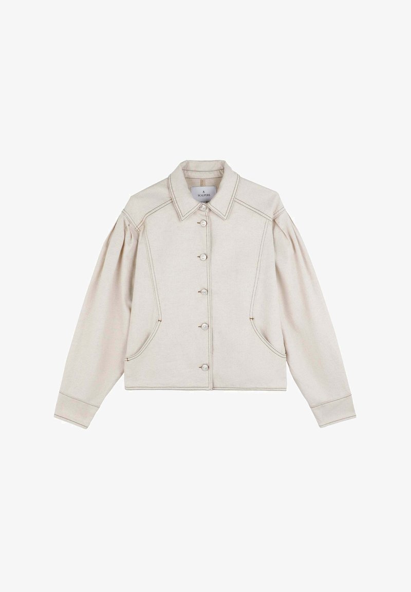 Beige cropped jacket with a button-up front, two side pockets, and puffed sleeves. Features contrast stitching and a pointed collar.