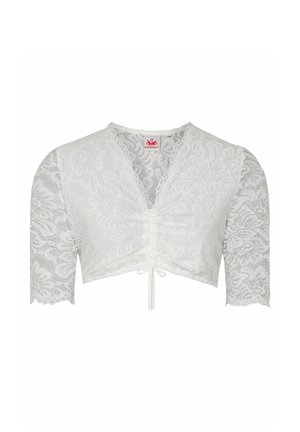 Witte kanten cropped blouse met korte mouwen, V-hals en een trekkoordje aan de voorkant in het midden.
