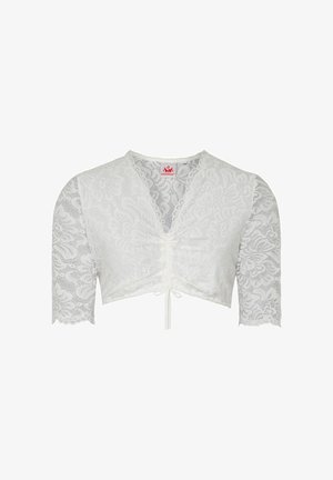 Witte kanten cropped blouse met korte mouwen, V-hals en een trekkoordje aan de voorkant in het midden.
