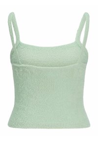 Lichtgroen, mouwloos cropped tanktop gemaakt van zacht, pluizig materiaal. Heeft dunne schouderbandjes en een aansluitende pasvorm.