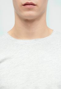 Φωτεινό γκρι μπλούζα με λαιμόκοψη, κατασκευασμένη από μαλακό, υφασματοποιημένο ύφασμα. Διαθέτει ομαλή, κανονική εφαρμογή γύρω από τον λαιμό, χωρίς ορατά σχέδια.