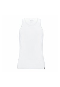 White sleeveless tank top made of cotton. Features a round neckline and a slim fit. Includes a small black logo at the bottom left.
