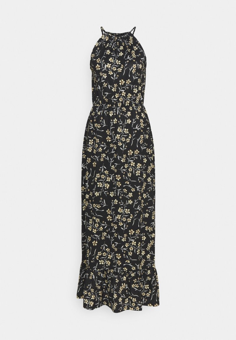 Robe maxi noire à motifs floraux jaunes et blancs, décolleté halter, taille avec encolure en V et ourlet à volants en bas.