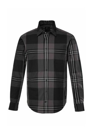 Chemise à carreaux noir et gris avec des manches longues, bouton sur le devant, col, poche poitrine unique et ourlet arrondi. Fabriquée en tissu léger.