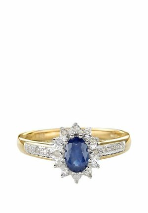 Bague en or avec une pierre centrale en saphir ovale entourée de accents en diamant, avec une bande fine et des détails texturés.
