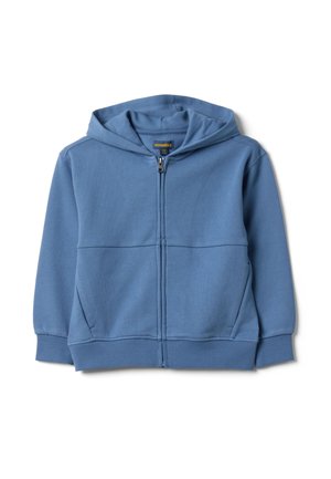 Blauer Kapuzenpullover mit durchgehendem Reißverschluss, Fronttaschen, gerippten Bündchen und Saum, auf weißem Hintergrund dargestellt.