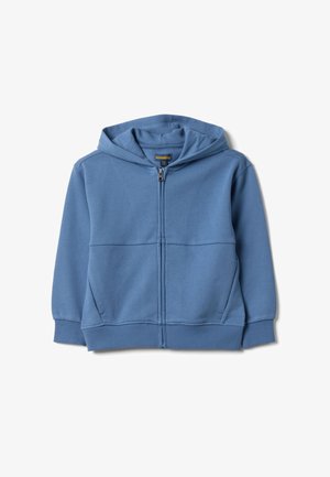 Blauer Kapuzenpullover mit durchgehendem Reißverschluss, Fronttaschen, gerippten Bündchen und Saum, auf weißem Hintergrund dargestellt.