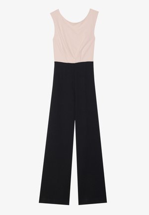 Zwarte en beige jumpsuit met een ronde halslijn, mouwloze top en wijde broekspijpen, met een gerimpeld detail bij de taille.