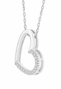 Hõbedast südamekujuline ripats ketil, mille ühel serval on selgete kividega rida ja sile, poleeritud pind.