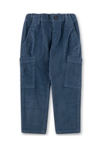 Blaue Kordhosen für Kinder mit einem elastischen Bund, Knopfverschluss, Seitentaschen und Cargotaschen an jedem Bein.