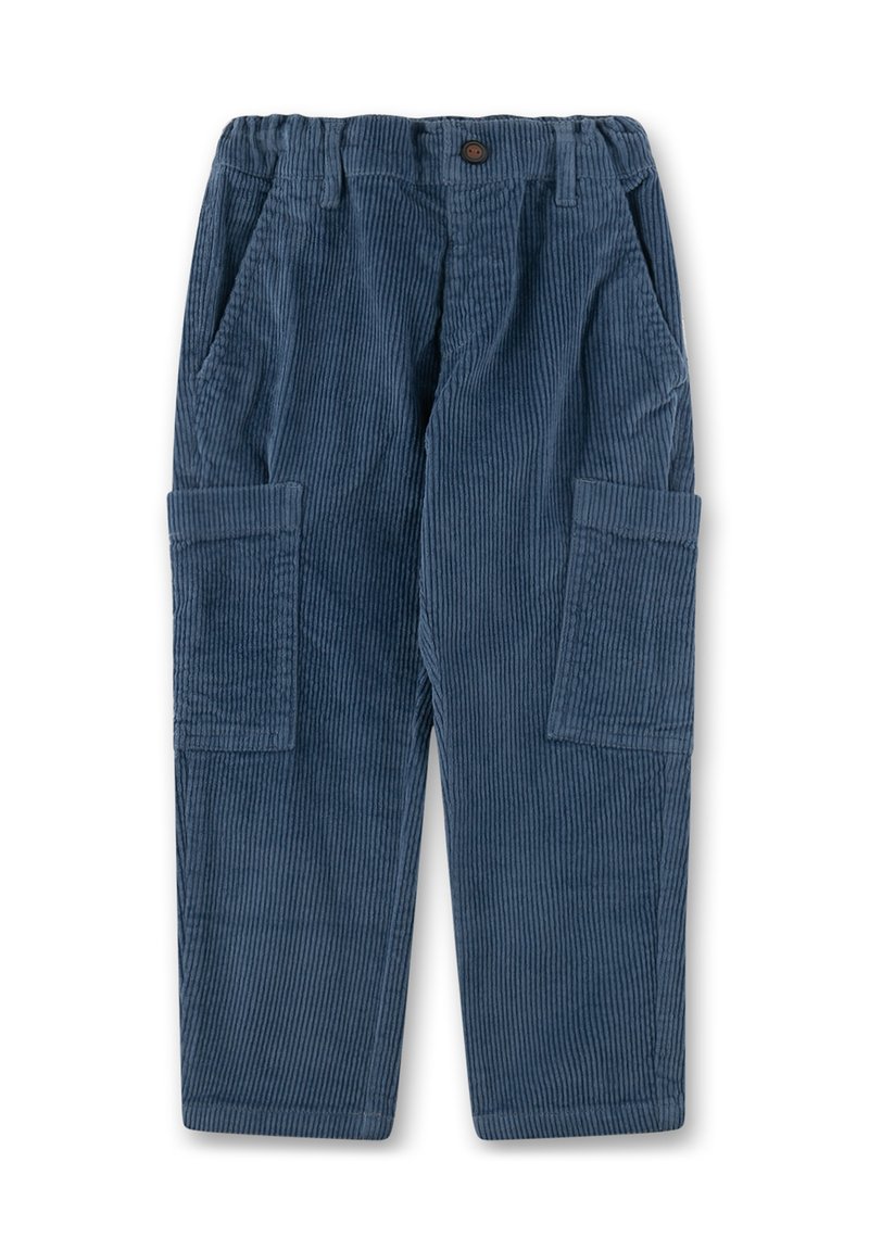 Blaue Kordhosen für Kinder mit einem elastischen Bund, Knopfverschluss, Seitentaschen und Cargotaschen an jedem Bein.
