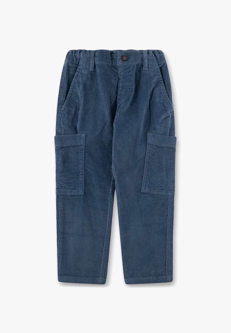 Blaue Kordhosen für Kinder mit einem elastischen Bund, Knopfverschluss, Seitentaschen und Cargotaschen an jedem Bein.