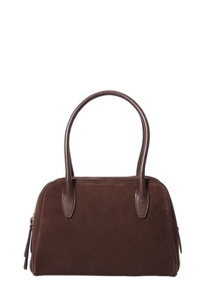 Brown suede handbag with a rounded shape, dual leather handles, side zipper, and minimal stitching, featuring a smooth texture.