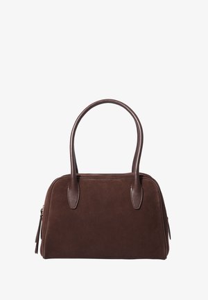 Brown suede handbag with a rounded shape, dual leather handles, side zipper, and minimal stitching, featuring a smooth texture.