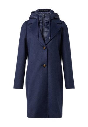 Navy wool blend coat with a removable puffer hood, two front pockets, single button closure, and long sleeves. Smooth texture.